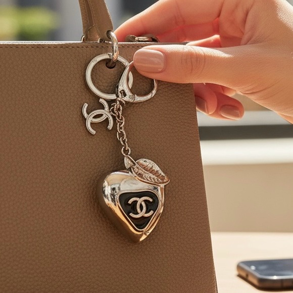 Luxury jewelry C logo Silver and Black Heart Key Holder bag charm keychain New - Picture 1 of 5